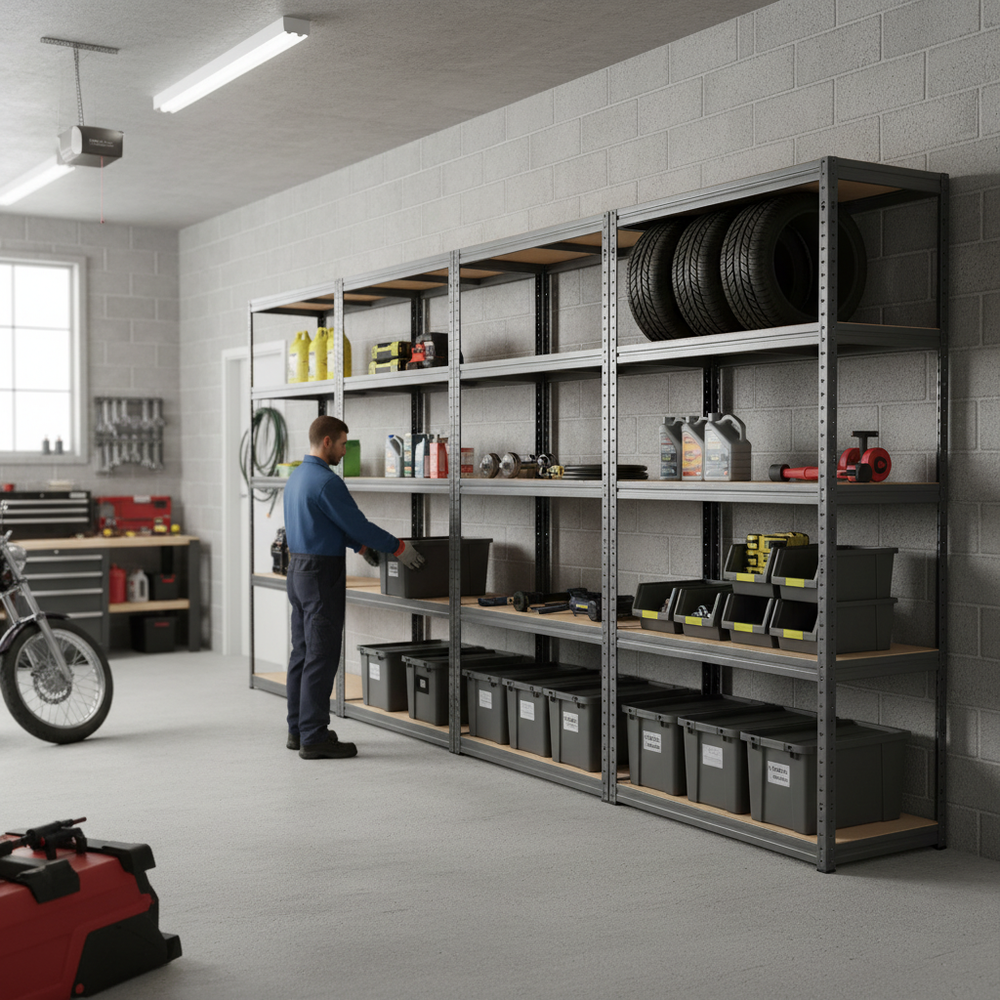 Heavy Duty Garage Shelving Unit - 2130mm High - 200/280kg Capacity - Grey - Side view