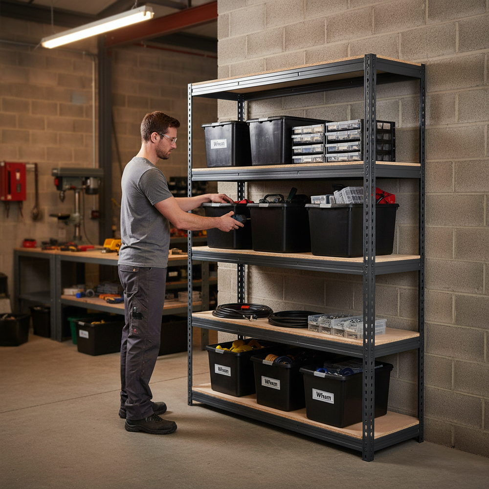 Heavy Duty Shelving Unit with 8x 37L Plastic Storage Boxes - 1800mm High - Grey - Side view