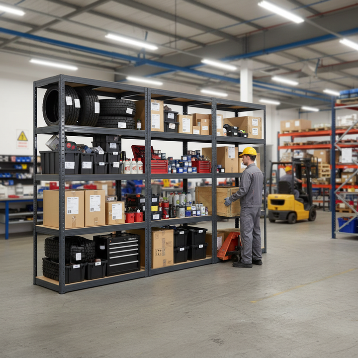 3x Heavy Duty Shelving Units - 2130mm High - 200/280kg Capacity - Grey - Side view