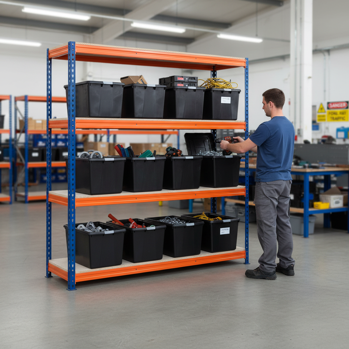 Premium Heavy Duty Shelving - 2000mm High with 12x 62L Plastic Storage Boxes - Side view