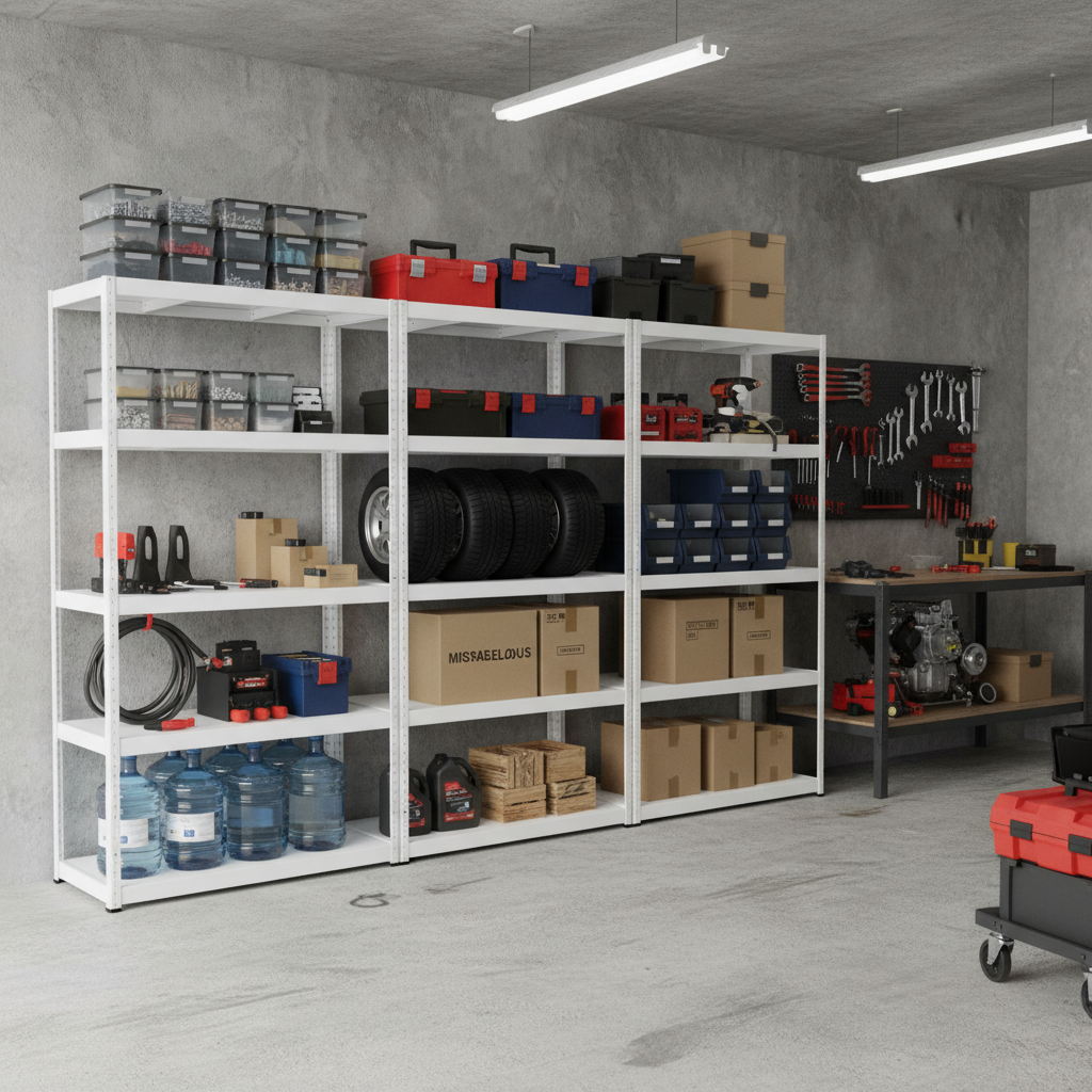 Premium Metal Garage Shelving - 1800mm High - 90/130kg Capacity - White - Side view