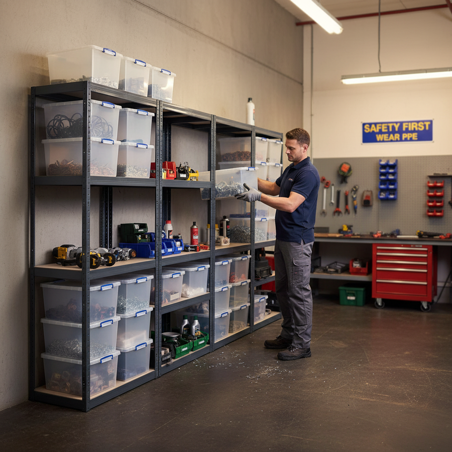 4x Premium Shelving Units - 1600mm High - Grey with 12x 33.5L Storage Boxes - Front view