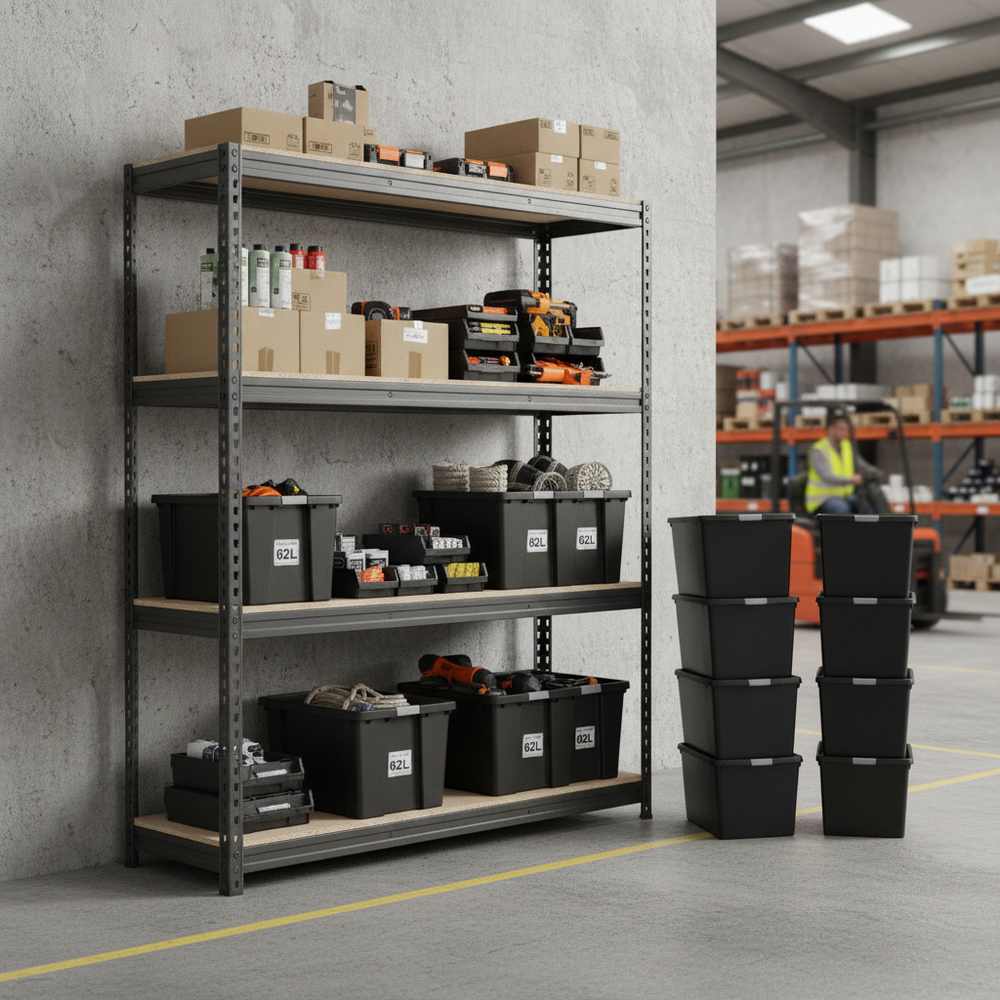 Heavy Duty Shelving Unit - 1600mm High with 8x 62L Storage Boxes - Side view