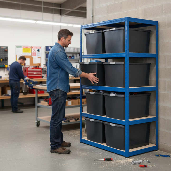 Heavy Duty Industrial Shelving Unit with Recycled Plastic Storage Boxes - Side view