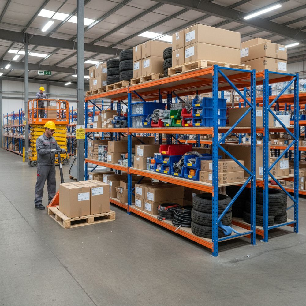 3x Heavy Duty Garage Shelving - 1600mm High - 500kg Capacity - Blue & Orange - Side view