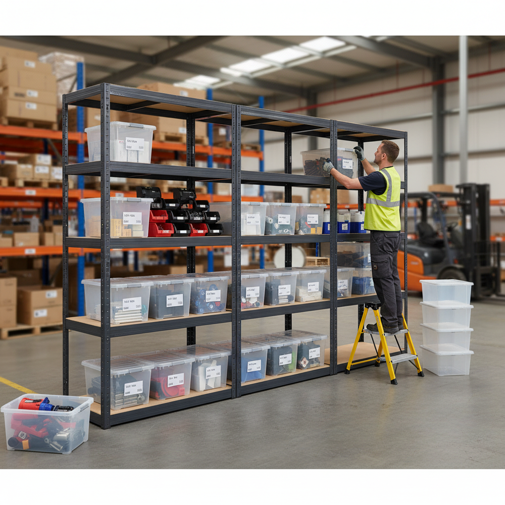 3x Heavy Duty Shelving Unit - 2130mm High - Grey with 12x 60L Storage Boxes - Side view