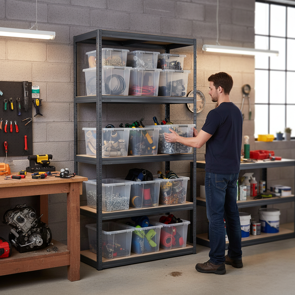 Heavy Duty Shelving Unit 1600mm High with 12x 60L Plastic Storage Boxes - Side view