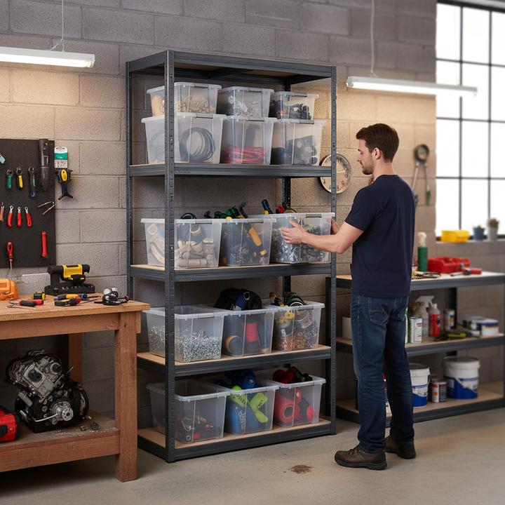 Heavy Duty Shelving Unit 1600mm High with 12x 60L Plastic Storage Boxes - Side view
