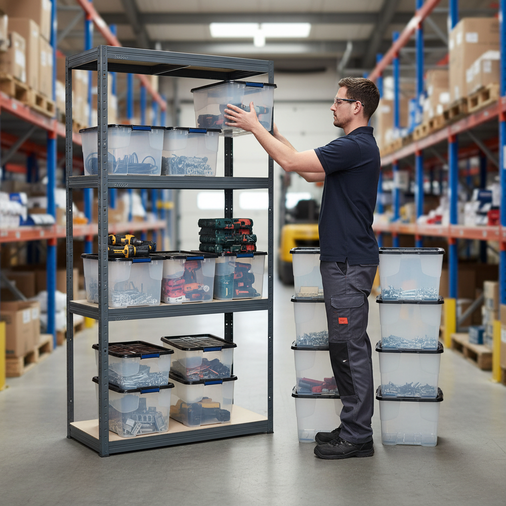 Premium 1600mm High Shelving Unit with 8x 24L Plastic Storage Boxes - Side view