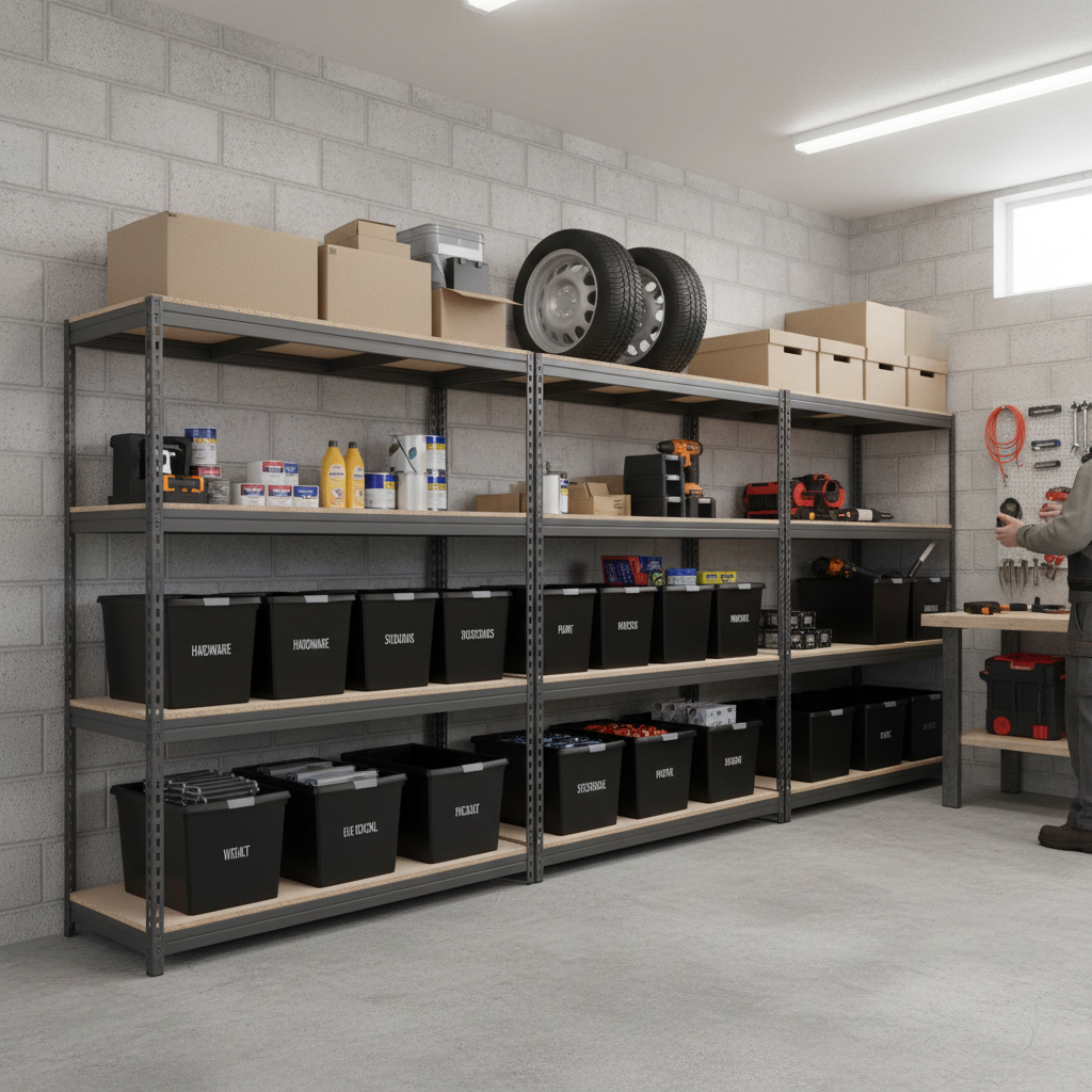 4x Premium Heavy Duty Shelving - 2200mm High - Grey with 12x 37L Plastic Storage Boxes - Side view