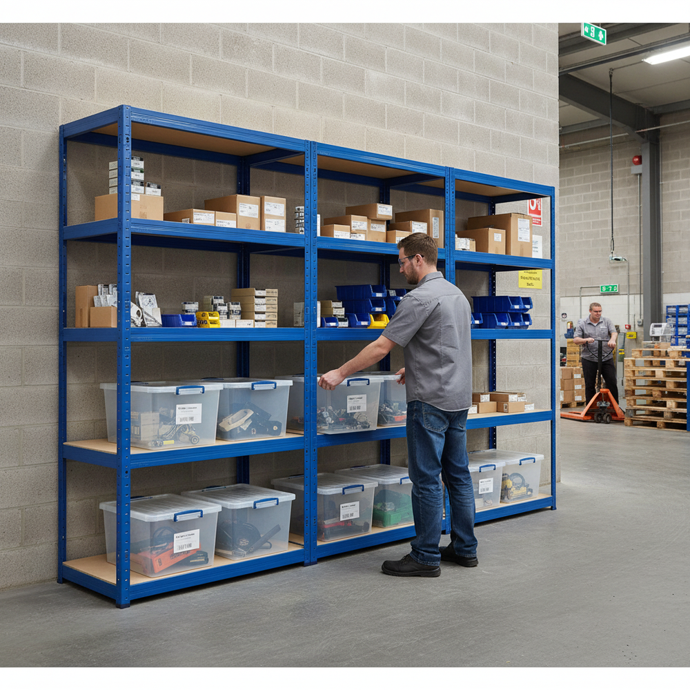 Premium 3x Shelving Units - 2130mm High - Blue with 8x 33.5L Storage Boxes - Side view