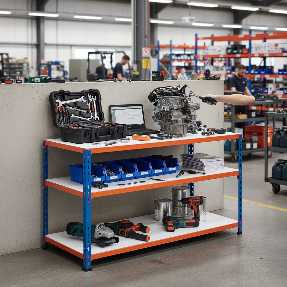 Premium Workbench - 915mm High - 340kg Capacity - Melamine - Blue/Orange - Side view