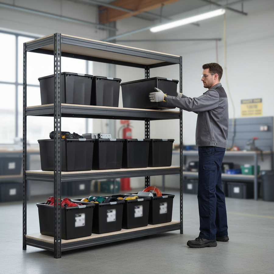 Premium Heavy Duty Shelving - 2000mm High - Grey with 8x 62L Plastic Storage Boxes - Front view