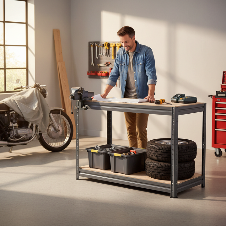 Premium Heavy Duty Workbench - 870mm High - 600kg Capacity - Grey - Front view