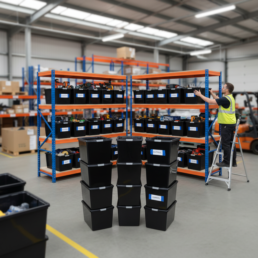 4x Heavy Duty Shelving - 1800mm High - Blue & Orange with 12x 62L Plastic Storage Boxes - Side view