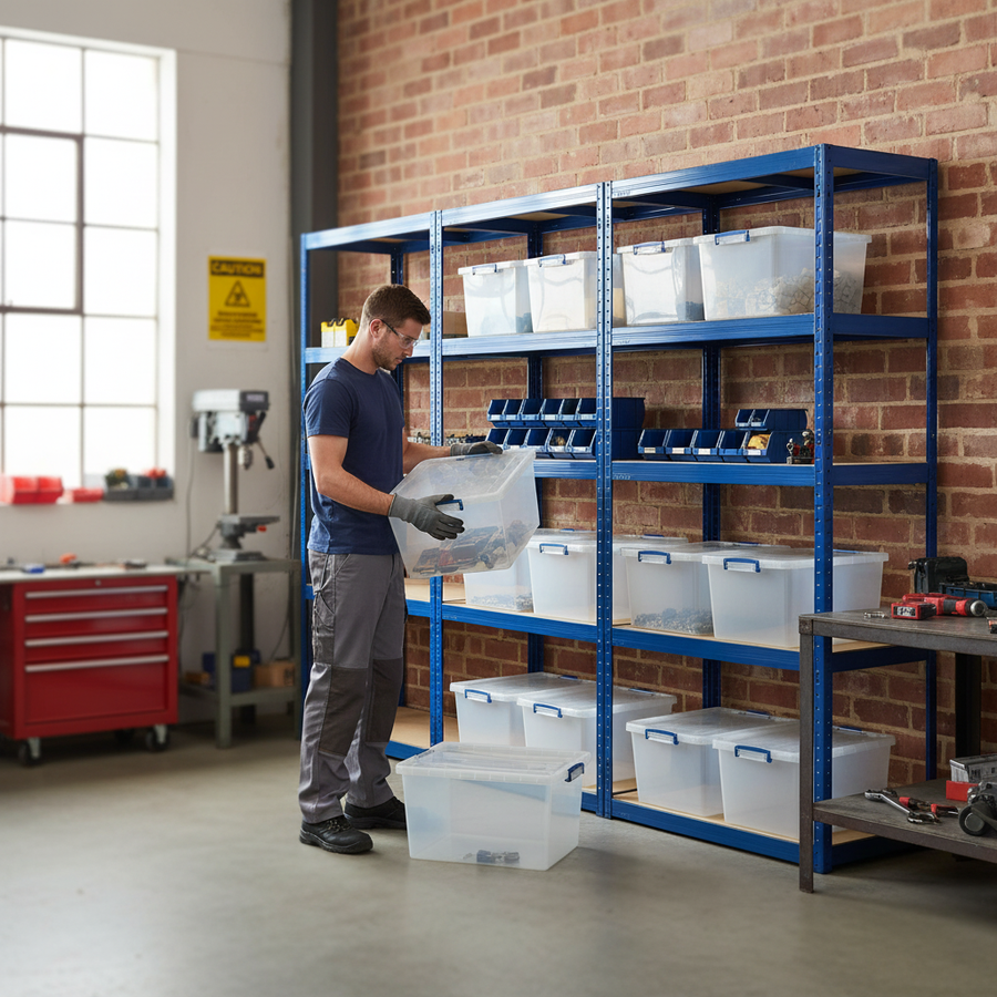 Heavy Duty 3x Shelving Units - 1800mm High - Blue with 8x 33.5L Storage Boxes - Front view
