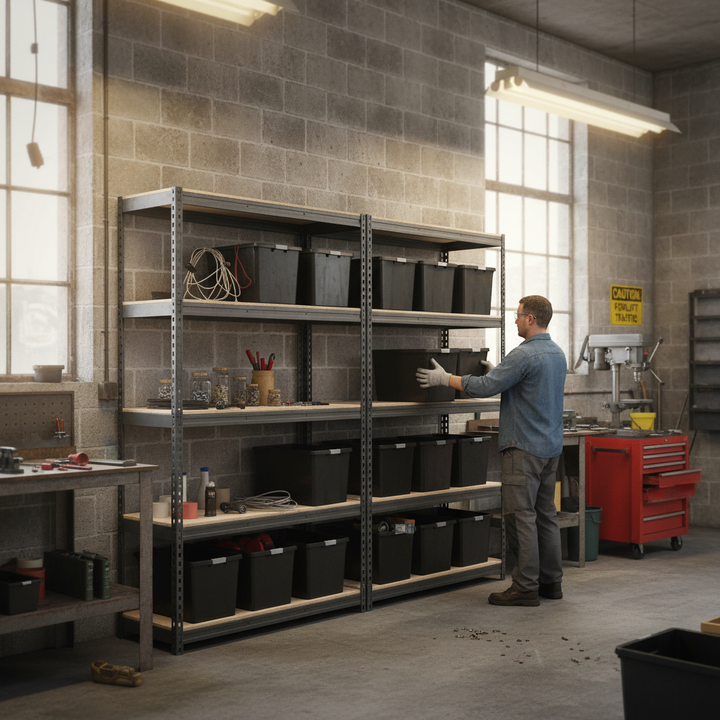 3x Premium Heavy Duty Shelving - 2000mm High - Grey with 12x 37L Plastic Storage Boxes - Front view