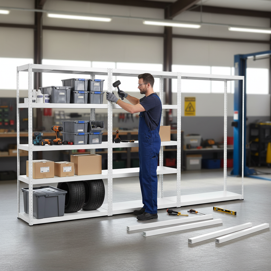 Heavy Duty Metal Garage Shelving - 1800mm High, 90/130kg Capacity - White - Front view