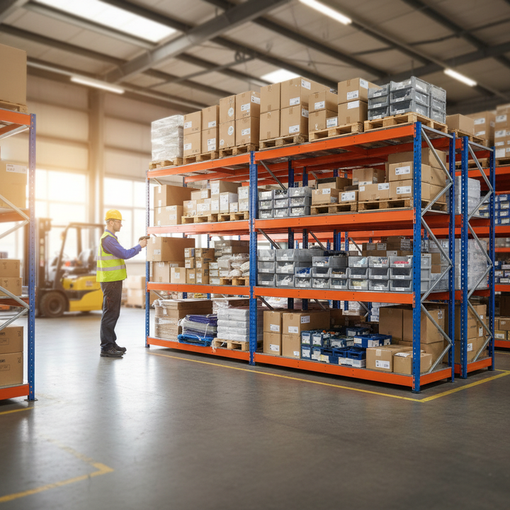 Heavy Duty Industrial Shelving - 2440mm High - 400kg Capacity - Steel - Blue & Orange - Side view