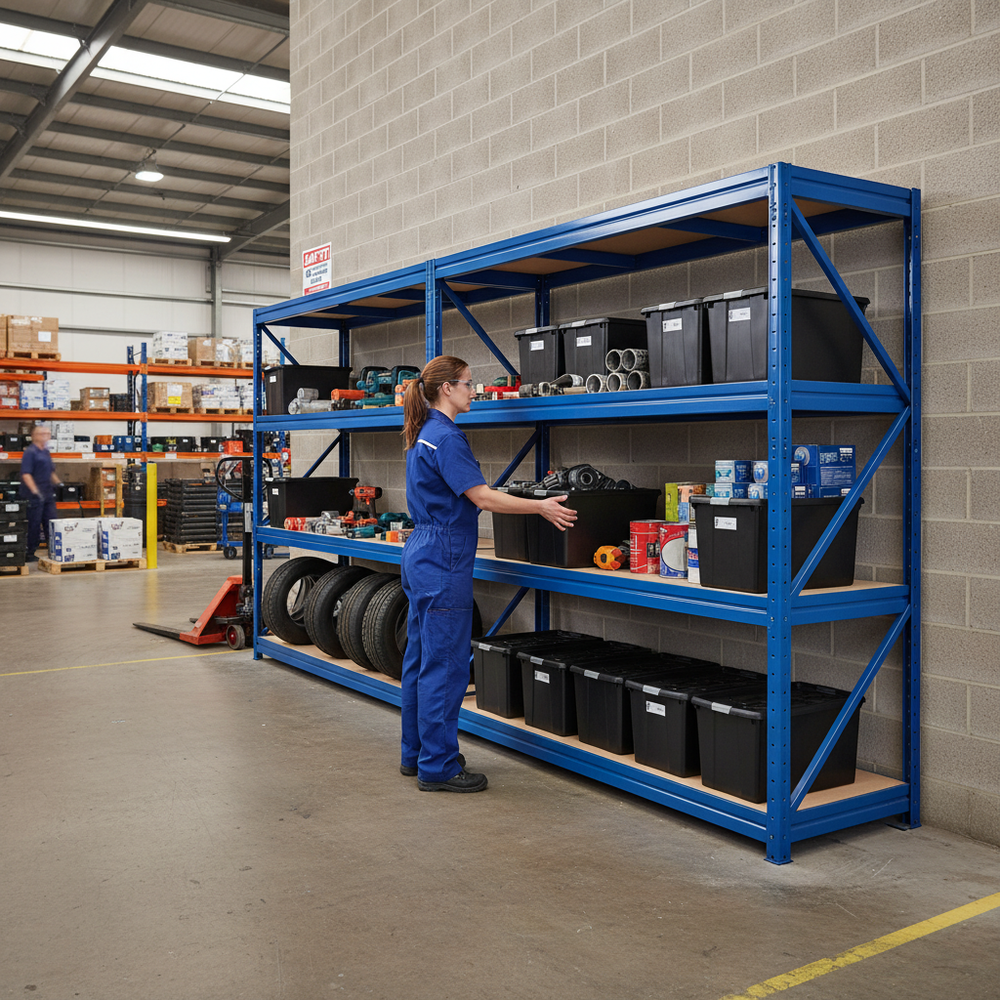 3x Premium Heavy Duty Shelving - 1770mm High with 12x 62L Plastic Storage Boxes - Side view
