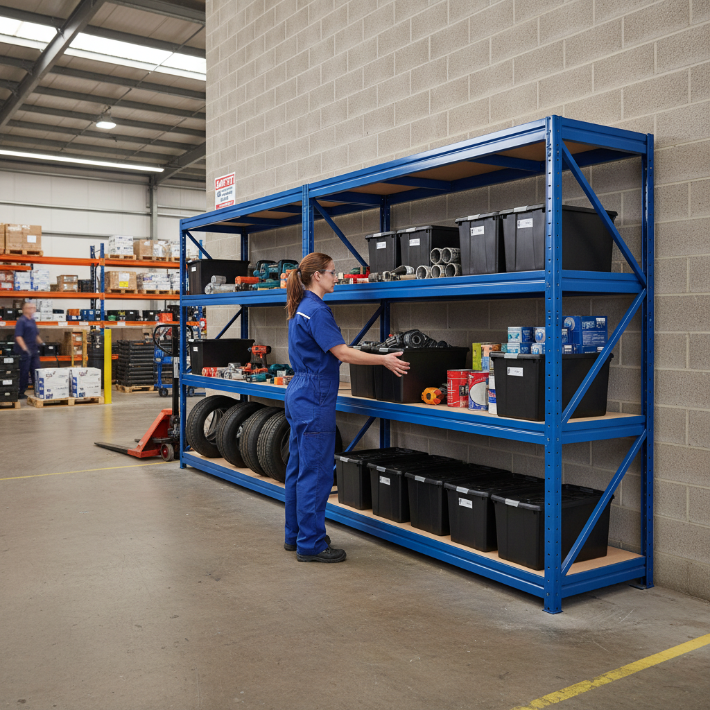 3x Premium Heavy Duty Shelving - 1770mm High with 12x 62L Plastic Storage Boxes - Side view